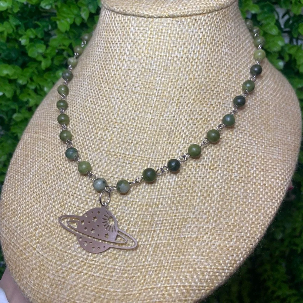 Green Jade Necklace with Planet Pendant